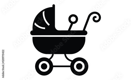 Baby carriage silhouette, vintage pram vector icon, stroller illustration