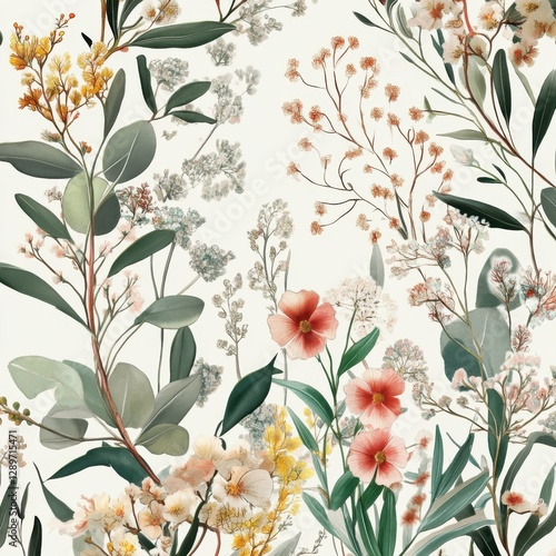 Vintage botanical illustration of eucalyptus and flowers