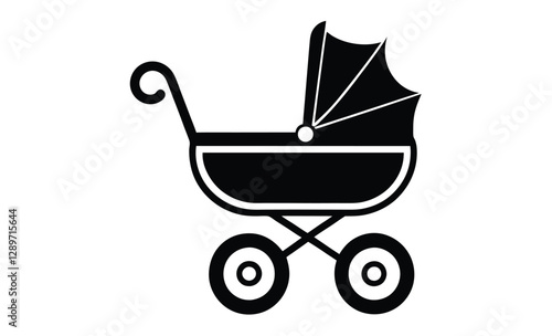 Baby carriage silhouette, vintage pram vector icon, stroller illustration