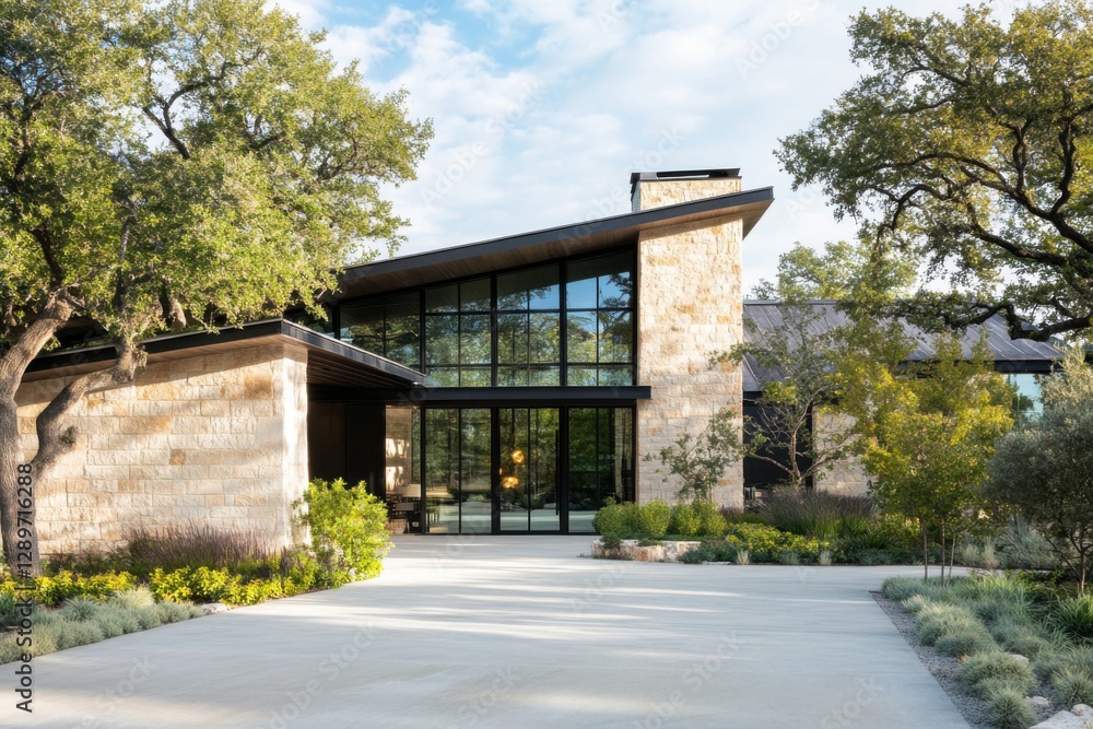 Modern architectural design showcases natural elements in a spacious residential home surrounded by lush greenery in an upscale neighborhood Modern architectural design showcases natural elements in a spacious residential home surrounded by lush greenery in an upscale neighborhood