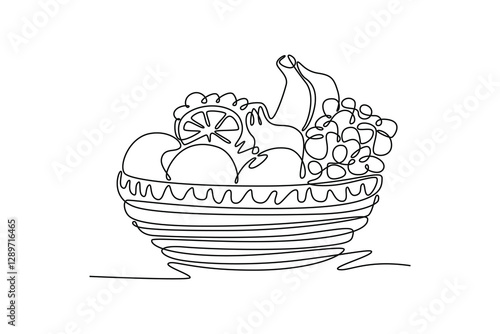 Single continuous line drawing full wicker basket containing orange, grapes, apple, pineapple and banana. Hampers parcel filled with vitamin C. Dynamic one line draw graphic design vector illustration