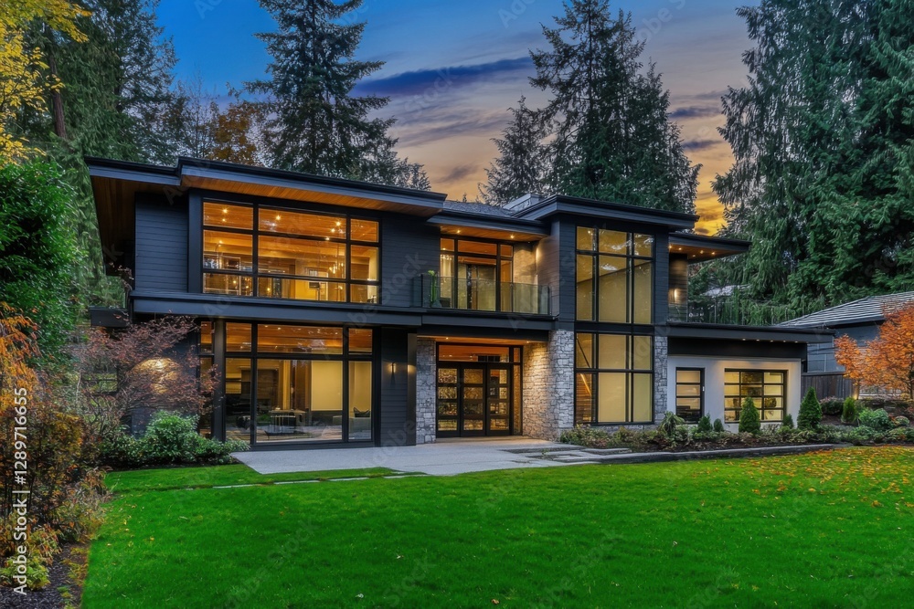 A stunning modern house featuring expansive windows and a sophisticated design sits gracefully among trees, all bathed in the warm hues of sunset within a charming suburban neighborhood A stunning modern house featuring expansive windows and a sophisticated design sits gracefully among trees, all bathed in the warm hues of sunset within a charming suburban neighborhood