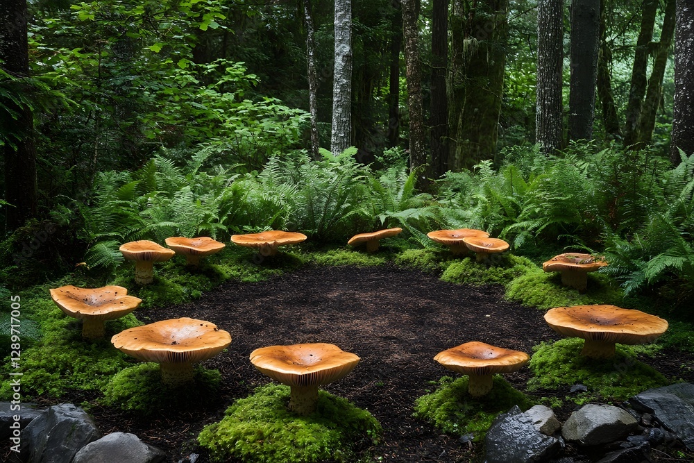 Fototapeta premium Whimsical Mushroom Circle: A circular arrangement of vibrant mushrooms growing amongst lush green moss, creating an enchanting woodland scene.
