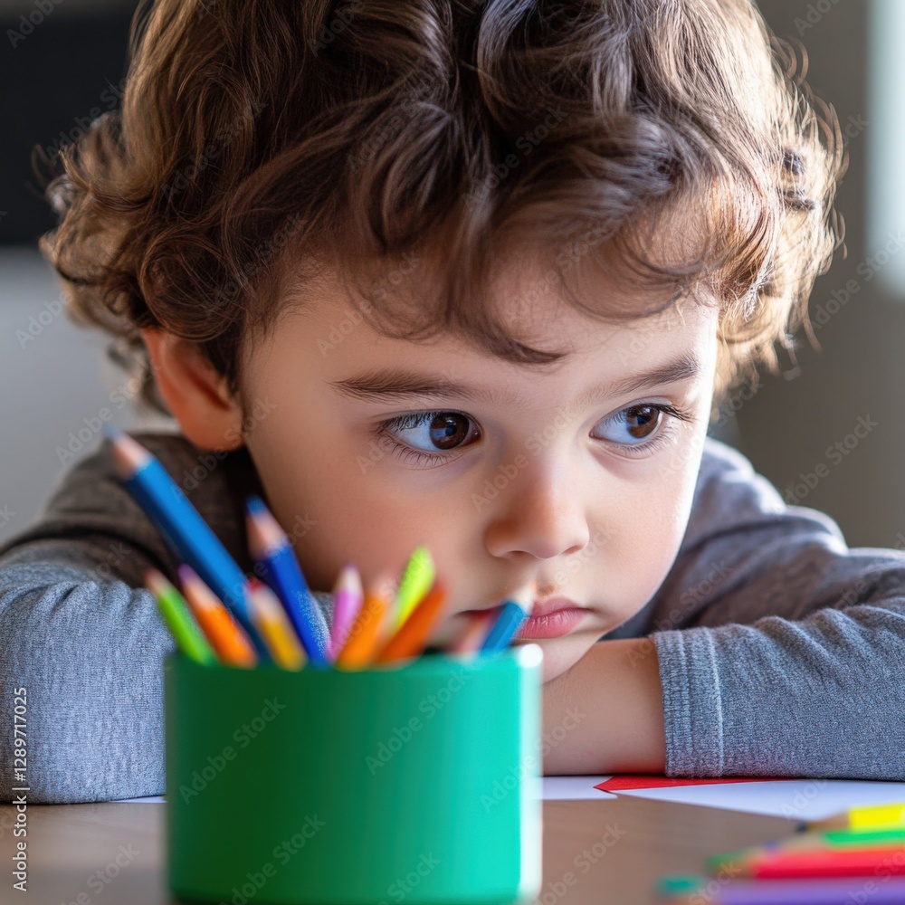 thoughtful young child with colored pencils thoughtful young child with colored pencils