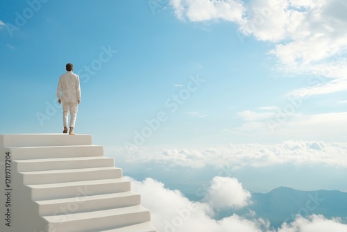 Man in white suit stands on stairs in clouds under bright blue sky with distant mountains