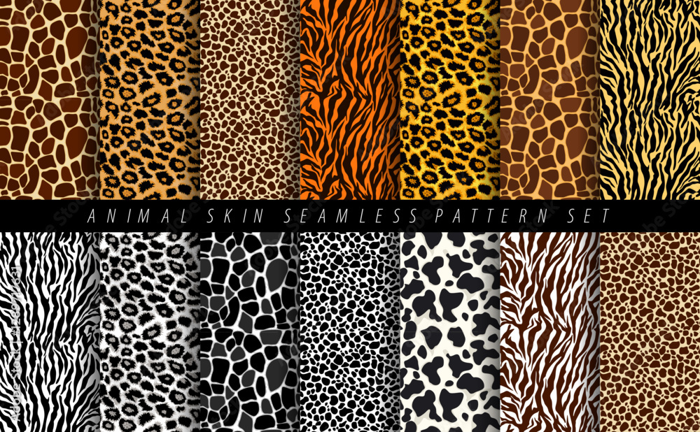 Animal skin seamless pattern set. Mammals Fur. Collection of print skins. Cheetah, Giraffe, Tiger, Zebra, Leopard, Jaguar, cow. Printable Background. Vector illustration.