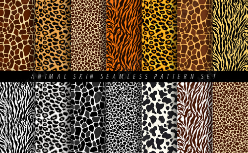 Animal skin seamless pattern set. Mammals Fur. Collection of print skins. Cheetah, Giraffe, Tiger, Zebra, Leopard, Jaguar, cow. Printable Background. Vector illustration.