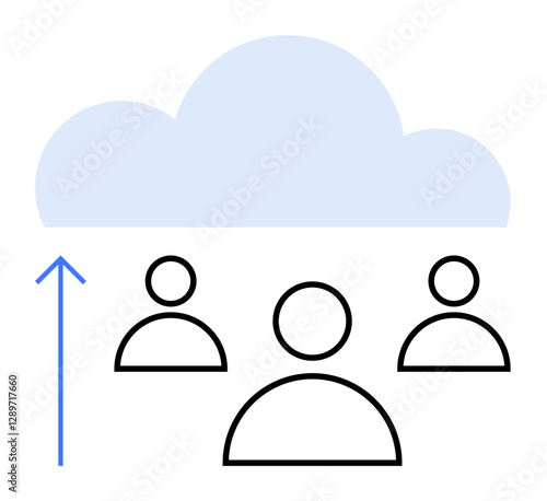 Three user icons beneath upload arrow to cloud. Ideal for teamwork, file sharing, data synchronization, remote access, cloud technology, digital collaboration, abstract line flat metaphor