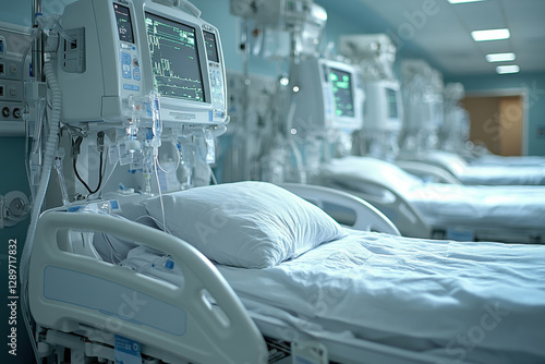 A row of hospital beds with a white sheet and a pillow on each bed