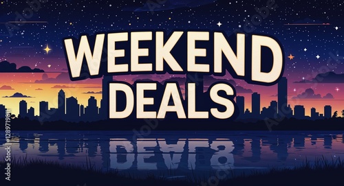 Weekend deals lettering on city silhouette landscape night sky background