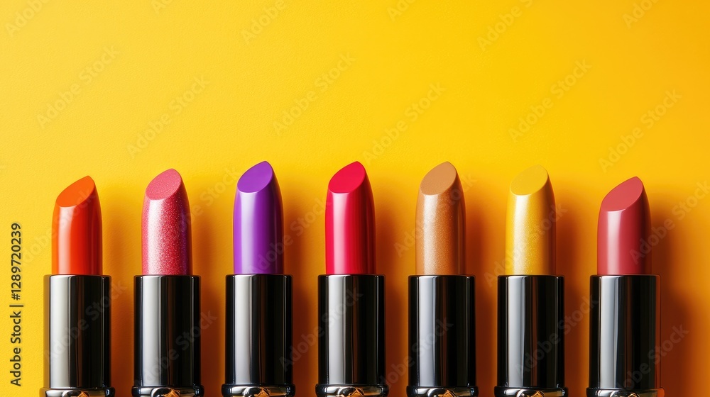 Obraz premium Bold and colorful lipsticks displayed in a row on a bright orange background, showcasing different shades