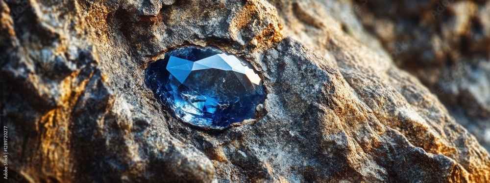 Glittering Blue Gemstone Embedded in Rough Natural Rock Surface in Soft Natural Light