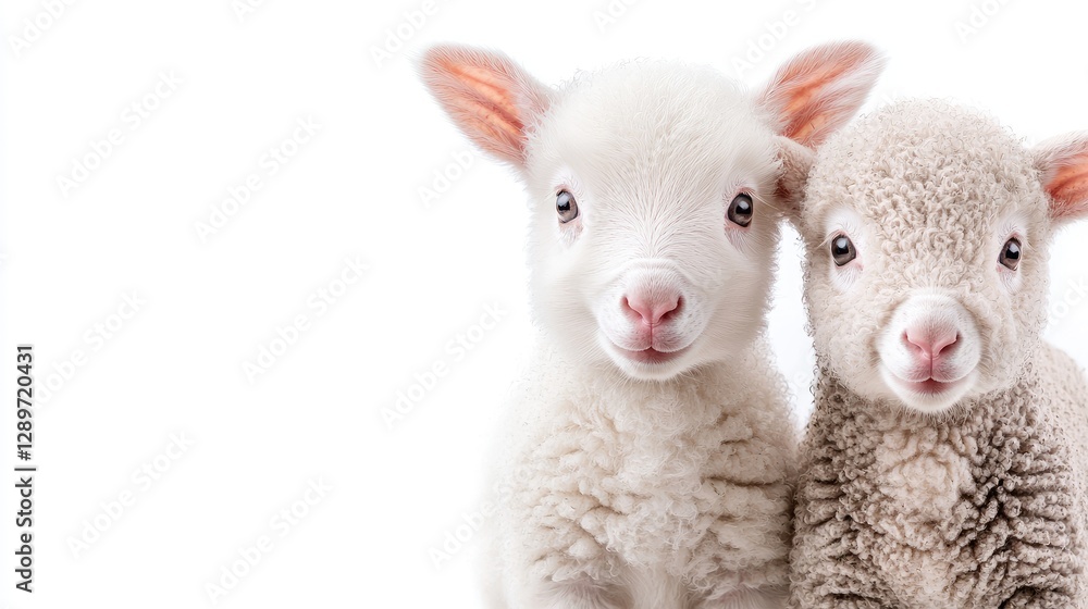 Fototapeta premium Two cute lambs cuddle, white background, spring, farm animals, greeting card