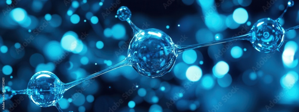 Blue Molecular Structure with Bubbles and Light Reflections in a Scientific Background