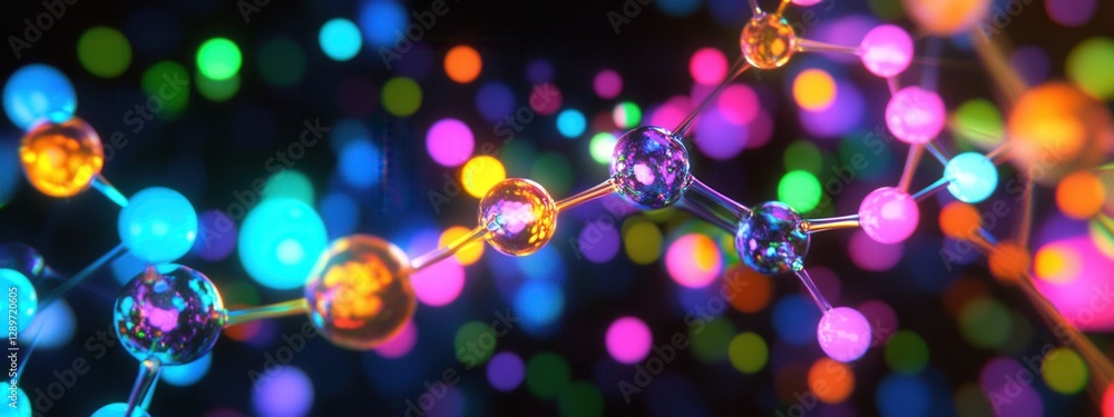 Colorful Molecular Structure with Glowing Atoms and Bokeh Effect in Vibrant Background