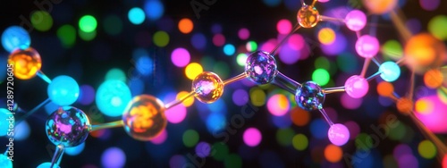 Obraz na płótnie Colorful Molecular Structure with Glowing Atoms and Bokeh Effect in Vibrant Background w salonie
