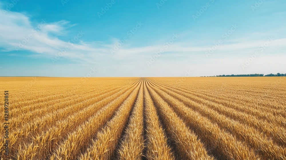 Golden Wheat Field Under Clear Blue Sky with Fresh Green Horizon Stretching Towards the Distance