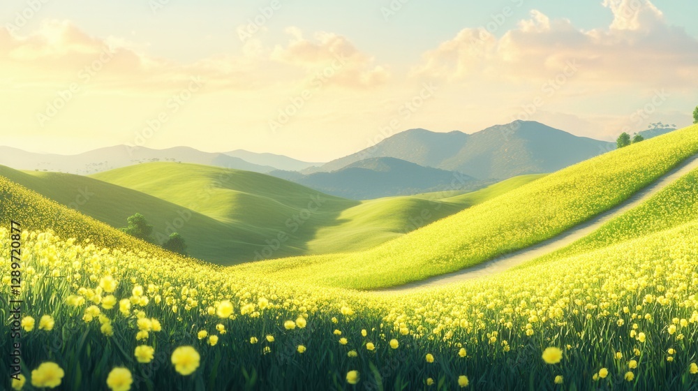 Vibrant Sunny Landscape with Rolling Hills, Yellow Flowers and Gentle Clouds Under a Clear Blue Sky