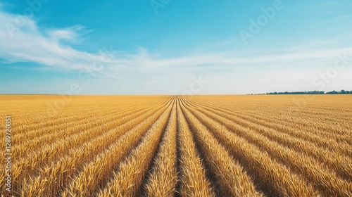 Obraz na płótnie Golden Wheat Field Under Clear Blue Sky with Fresh Green Horizon Stretching Towards the Distance w salonie