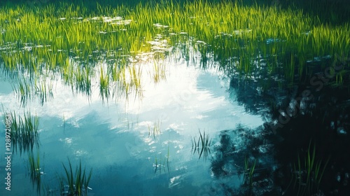 Obraz na płótnie Tranquil Reflection of Lush Green Grass in Calm Water Under Bright Sky at Sunset w salonie