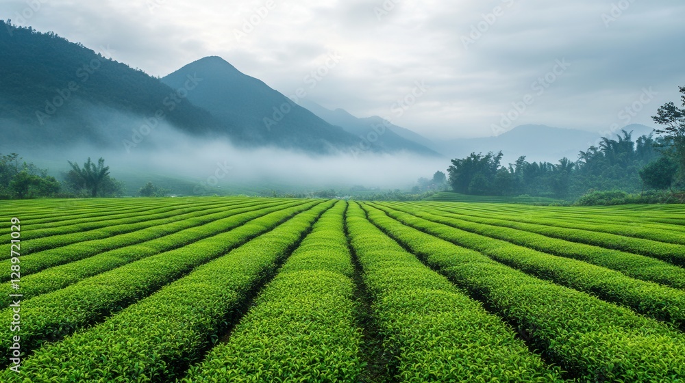Serene Green Tea Fields Under Soft Morning Light Amidst Misty Mountain Landscape