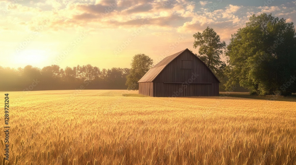Serene Golden Wheat Field at Sunrise with Rustic Barn Surrounded by Lush Green Trees