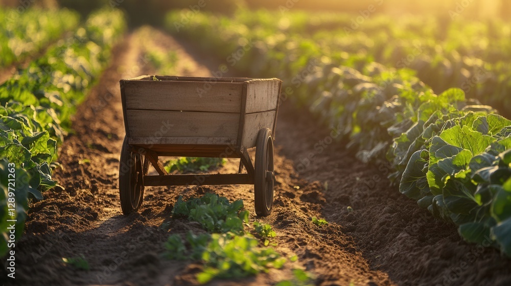 Sunlit Vegetable Field with a Wooden Wheelbarrow on a Farm Pathway Surrounded by Lush Green Plants