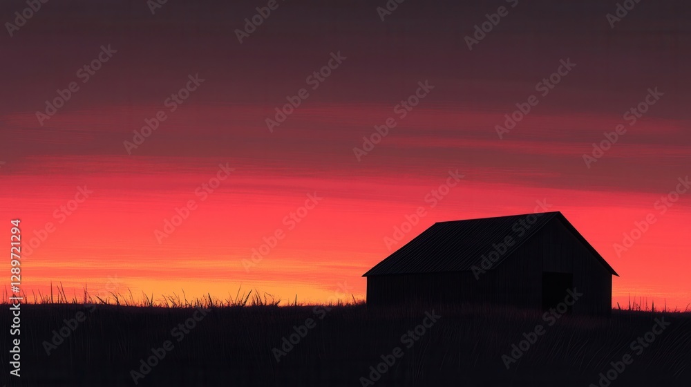 Solitary Farmhouse Silhouette Against Vibrant Sunset Sky with Rich Red and Purple Tones