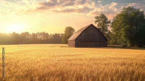 Obraz na płótnie Serene Golden Wheat Field at Sunrise with Rustic Barn Surrounded by Lush Green Trees w salonie