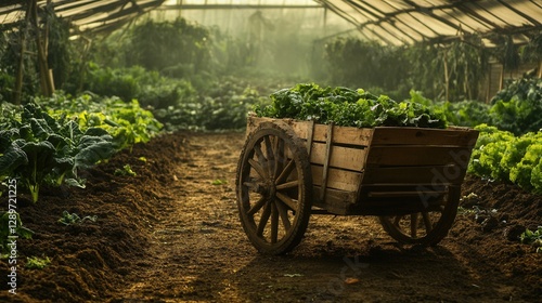 Obraz na płótnie Rustic wooden cart filled with fresh green vegetables in a tranquil greenhouse setting at dawn w salonie