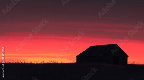 Obraz na płótnie Solitary Farmhouse Silhouette Against Vibrant Sunset Sky with Rich Red and Purple Tones w salonie