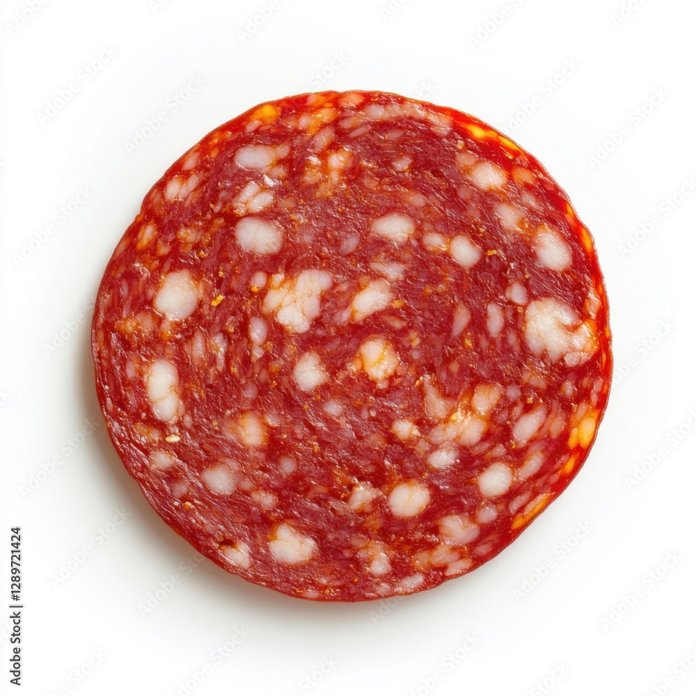 Fototapeta premium Single slice of pepperoni on white background