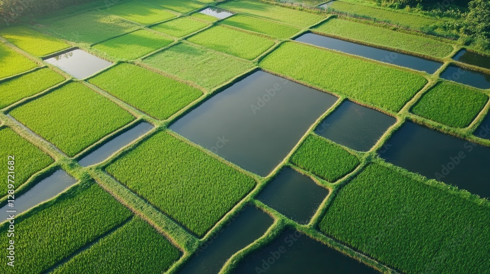 Aerial View of Lush Green Rice Paddy Fields with Water Channels and Vibrant Patterns in Natural Landscape