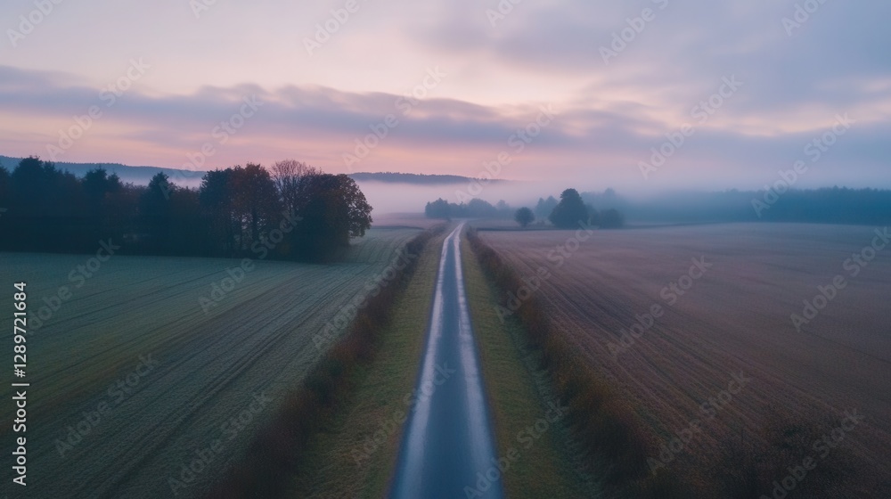 Serene Morning Landscape with Fog Over Fields and a Stretching Road in Soft Light