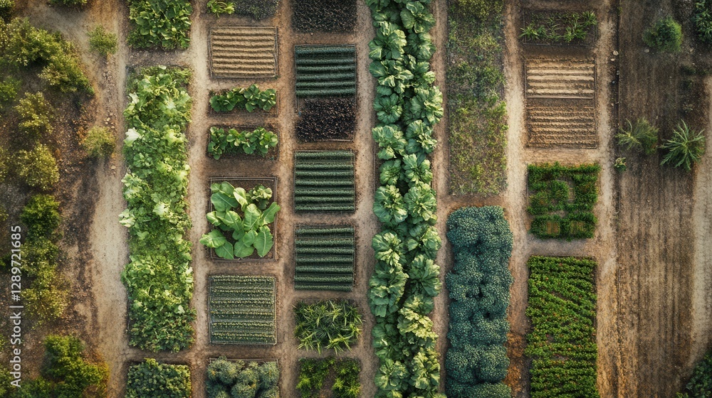 Aerial View of Diverse Vegetable Garden Rows with Different Green Plants Growing in Neat Patterns in Natural Landscape