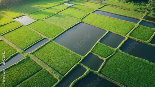 Aerial View of Lush Green Rice Paddy Fields with Water Channels and Vibrant Patterns in Natural Landscape