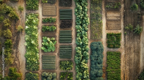 Obraz na płótnie Aerial View of Diverse Vegetable Garden Rows with Different Green Plants Growing in Neat Patterns in Natural Landscape w salonie