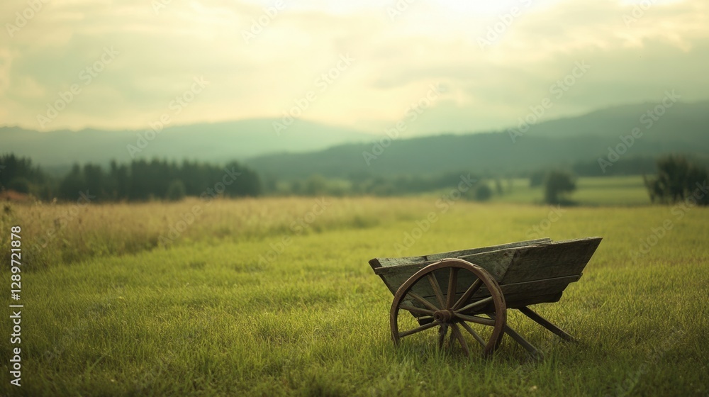 Rustic Wooden Wheelbarrow on Lush Green Field Under a Cloudy Sky with Mountain View in the Background