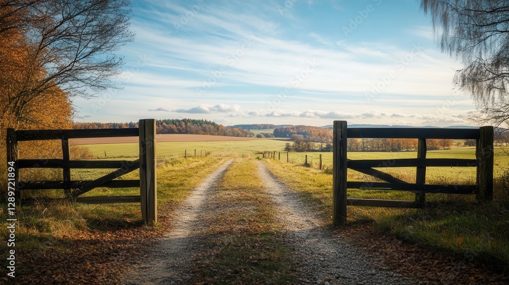 Serene Countryside Path with Wooden Gate and Lush Green Landscape under Blue Sky