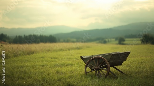 Obraz na płótnie Rustic Wooden Wheelbarrow on Lush Green Field Under a Cloudy Sky with Mountain View in the Background w salonie