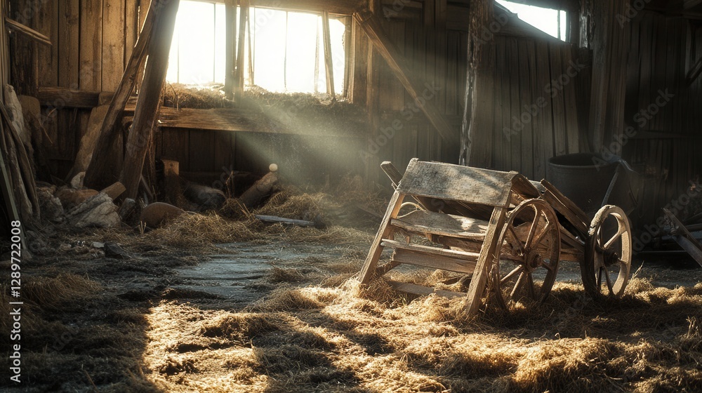 Sunlight Streaming Through Barn Window Illuminating Old Wooden Cart in Rustic Barn Interior