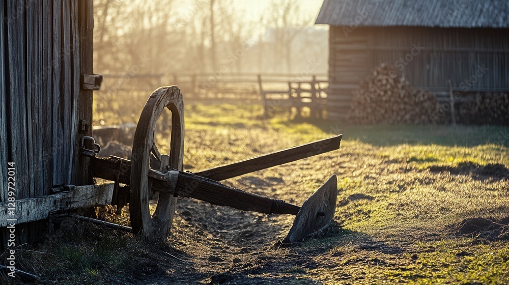 Rustic Plow and Wooden Wheel in Sunlit Field Near Traditional Barn at Dawn