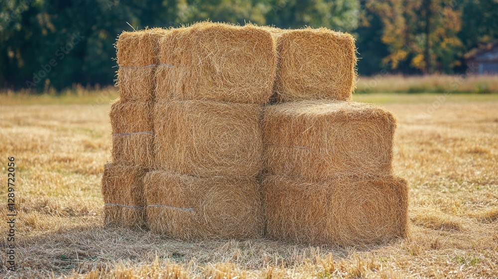 Stacked Hay Bales in a Sunny Field Surrounded by Greenery and Trees