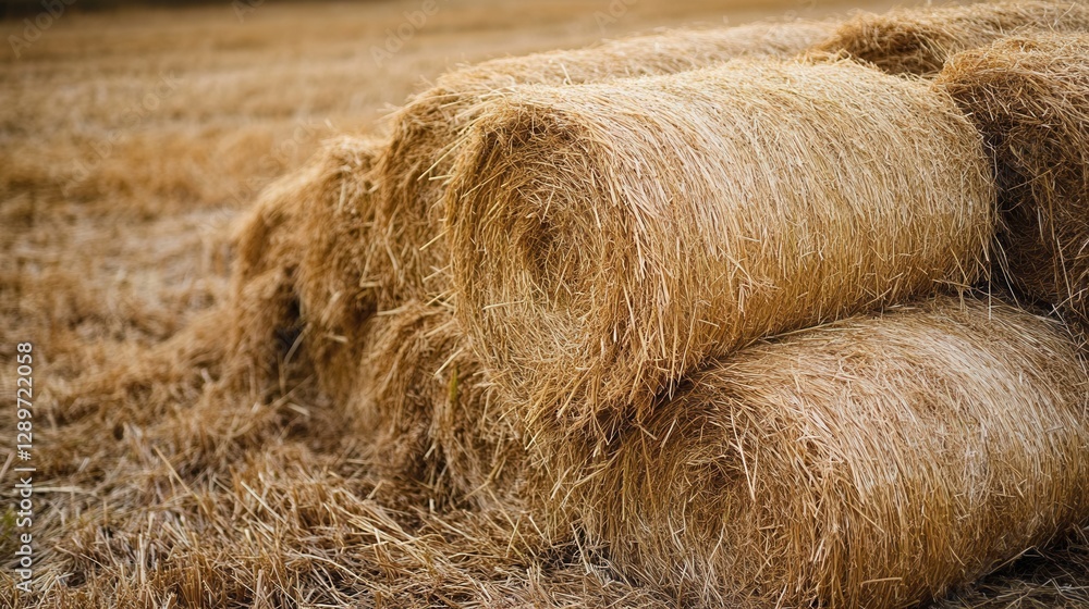 Stacked Hay Bales on Agricultural Field Under Sunlight in Rural Landscape Showing Hay Texture and Natural Color Variation