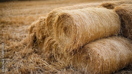Obraz na płótnie Stacked Hay Bales on Agricultural Field Under Sunlight in Rural Landscape Showing Hay Texture and Natural Color Variation w salonie