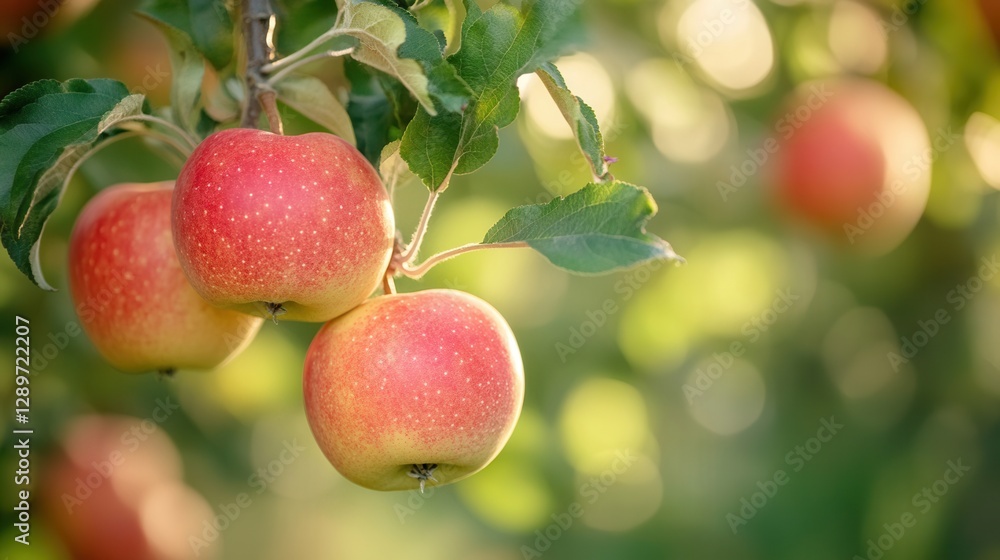 Fresh Red Apples Hanging on a Tree Branch in a Sunny Orchard with Blurred Green Background