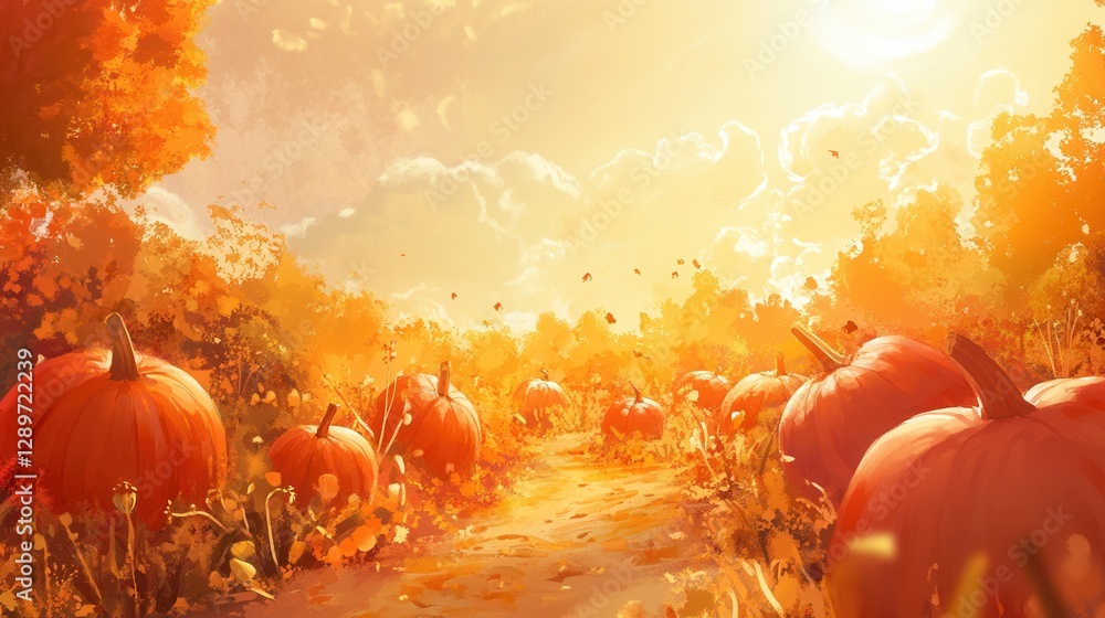Scenic Autumn Landscape with Lush Pumpkin Field Under Golden Sunlight and Fluffy Clouds in Vibrant Orange and Yellow Hues