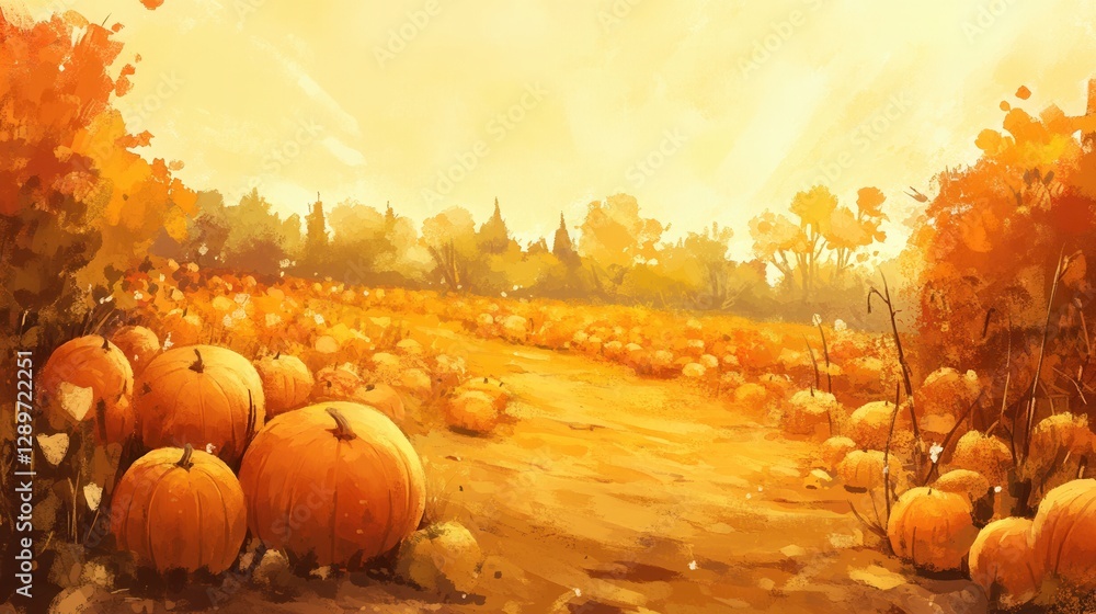 Lush Pumpkin Patch Under a Golden Autumn Sky Surrounded by Vibrant Trees and Harvest Colors