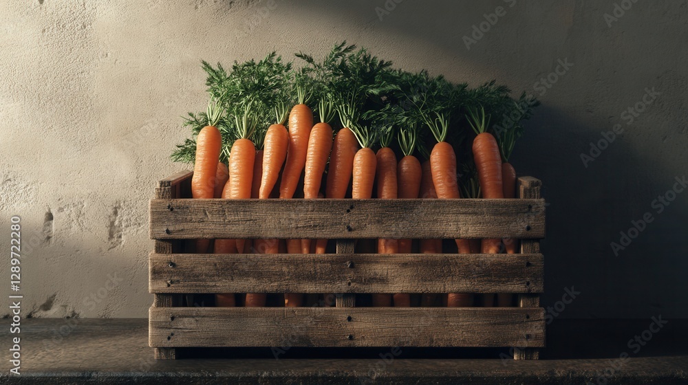 Fresh and Vibrant Carrots in a Rustic Wooden Crate Perfect for Farm-to-Table or Organic Food Concepts