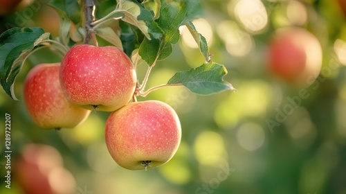 Obraz na płótnie Fresh Red Apples Hanging on a Tree Branch in a Sunny Orchard with Blurred Green Background w salonie